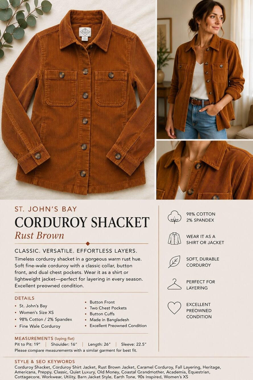 St. John’s Bay Corduroy Shacket Women’s XS Rust Brown Cotton Shirt Jacket